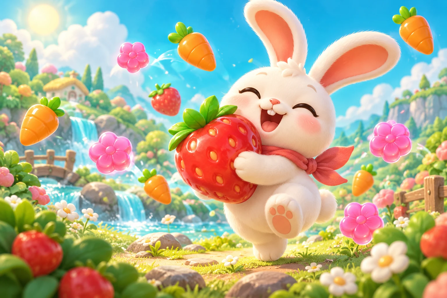 A cheerful white bunny holding a strawberry in a colorful candy meadow