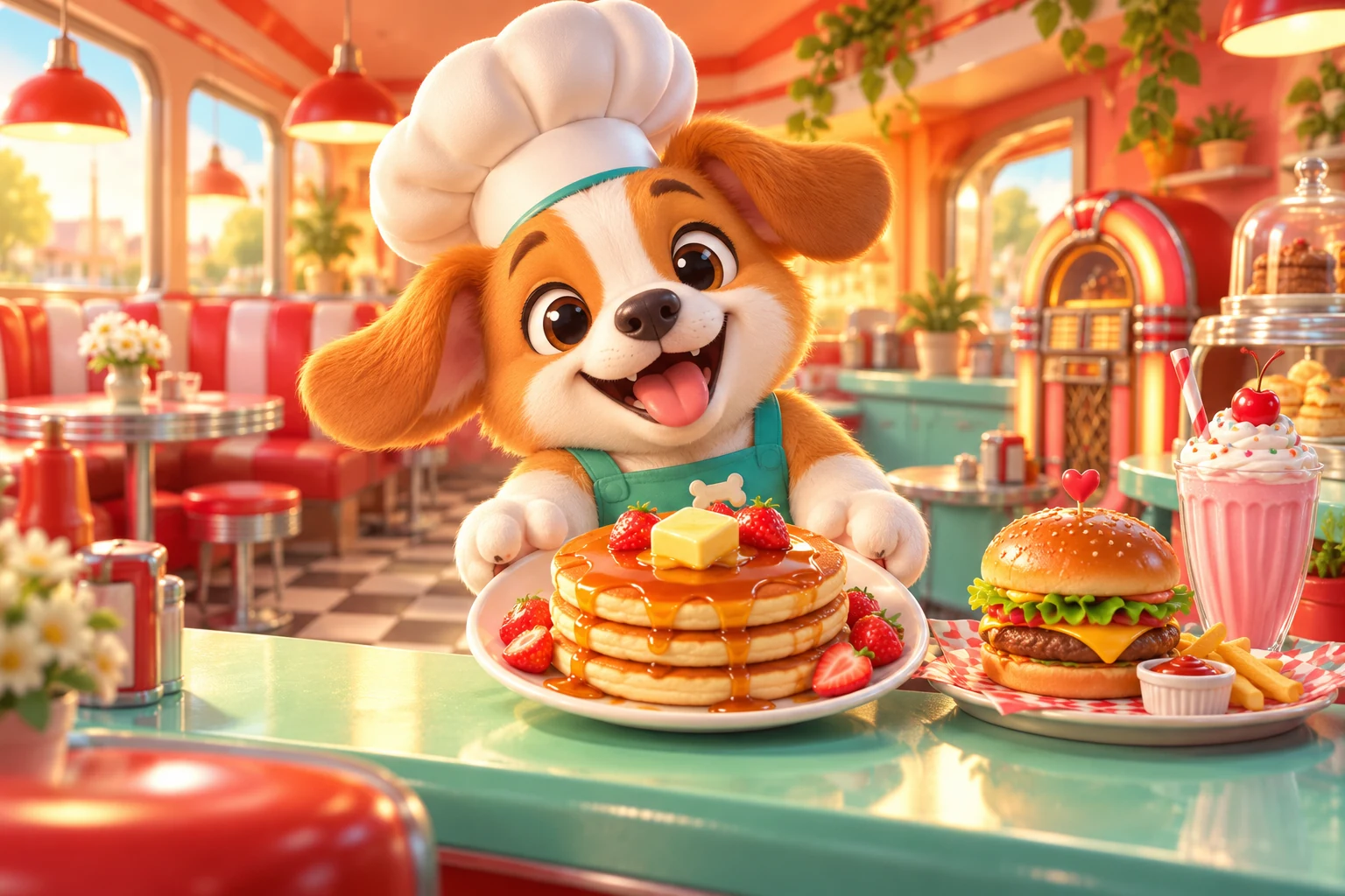 Tiny Diner artwork: a corgi chef serving pancakes