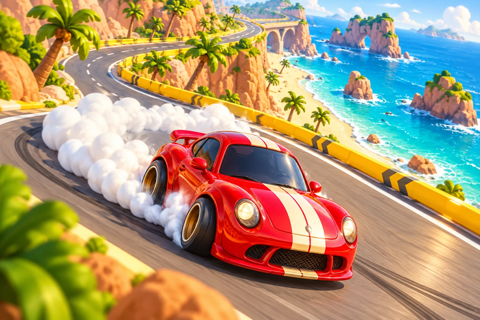 Pocket Drift artwork: a red toy car racing along a sunny coast
